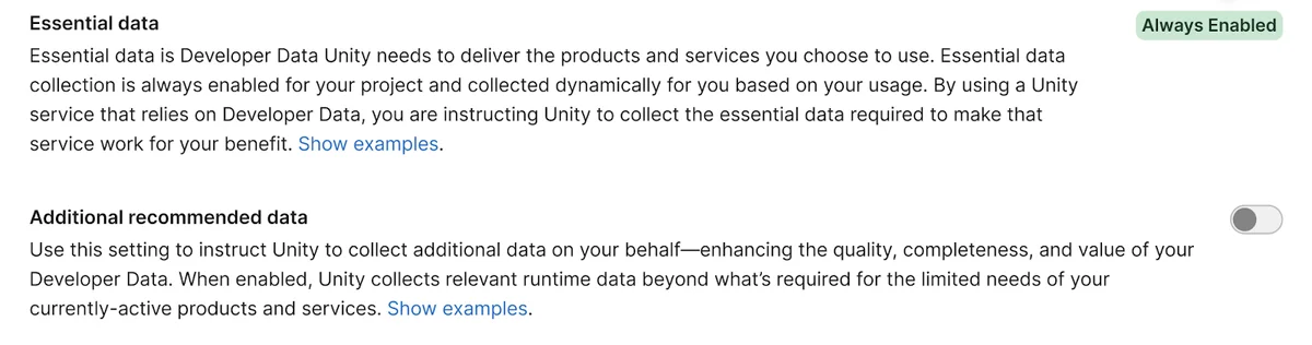 Developer Data sharing controls in Unity Dashboard