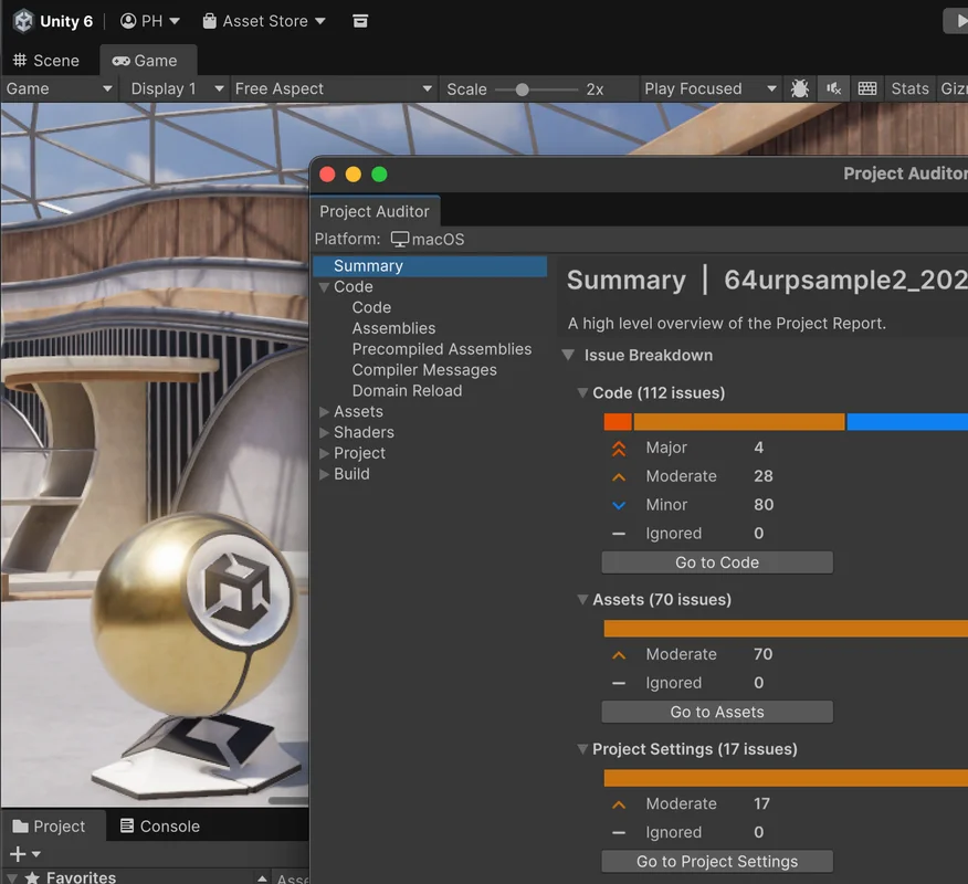 Built-in Project Auditor results