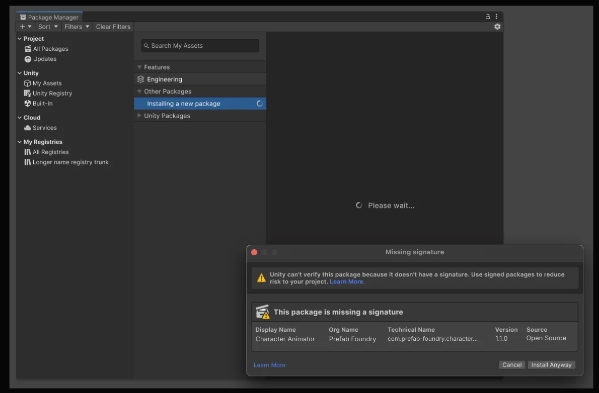 Package Manager warning before installing an unsigned package
