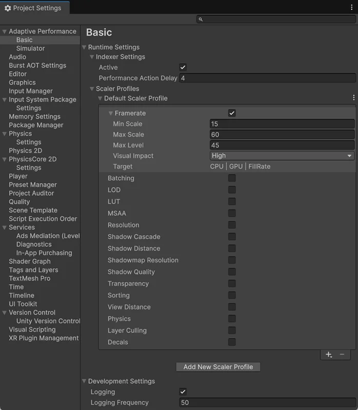 Adaptive Performance provider settings