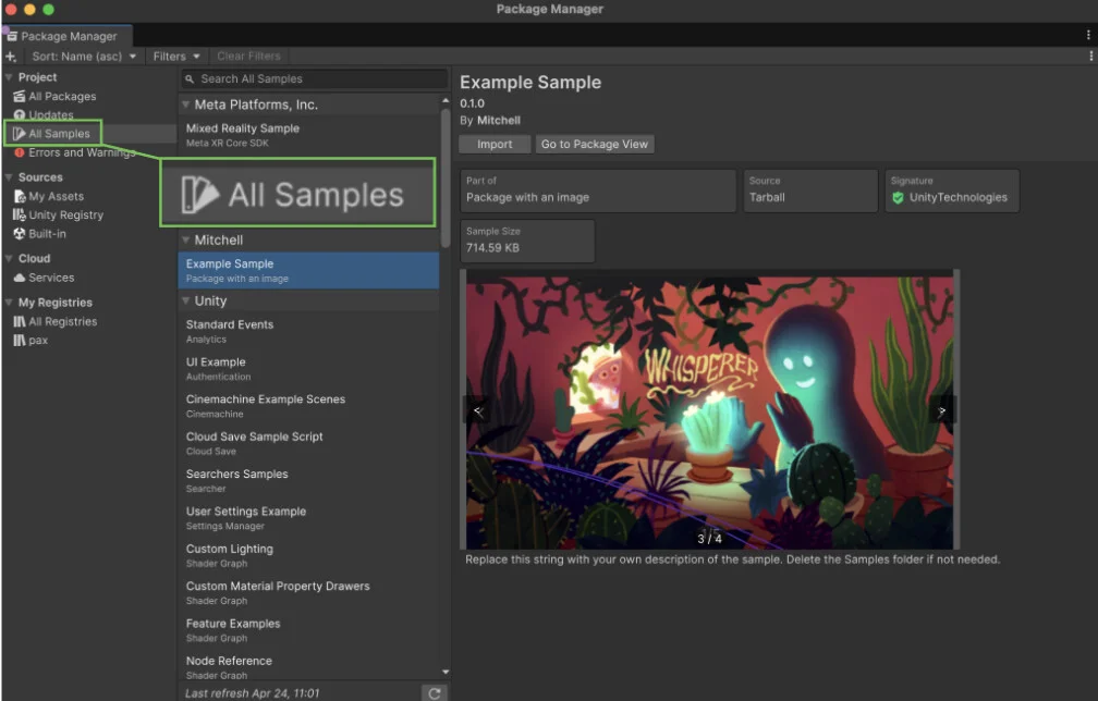 Samples view in Unity Package Manager