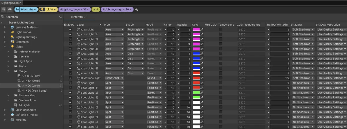 Lighting Search results in the Unity Editor