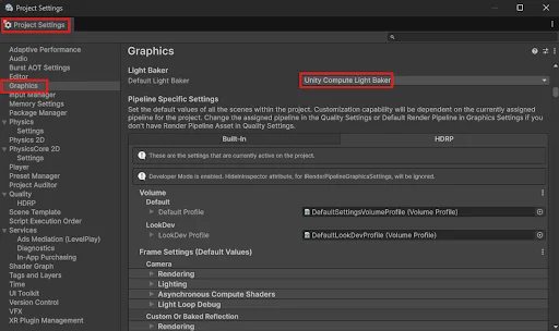 Unity Compute Light Baker selected in lighting settings