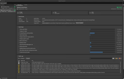 Build Analysis window showing build reports
