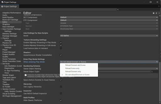 Fast Enter Play Mode settings